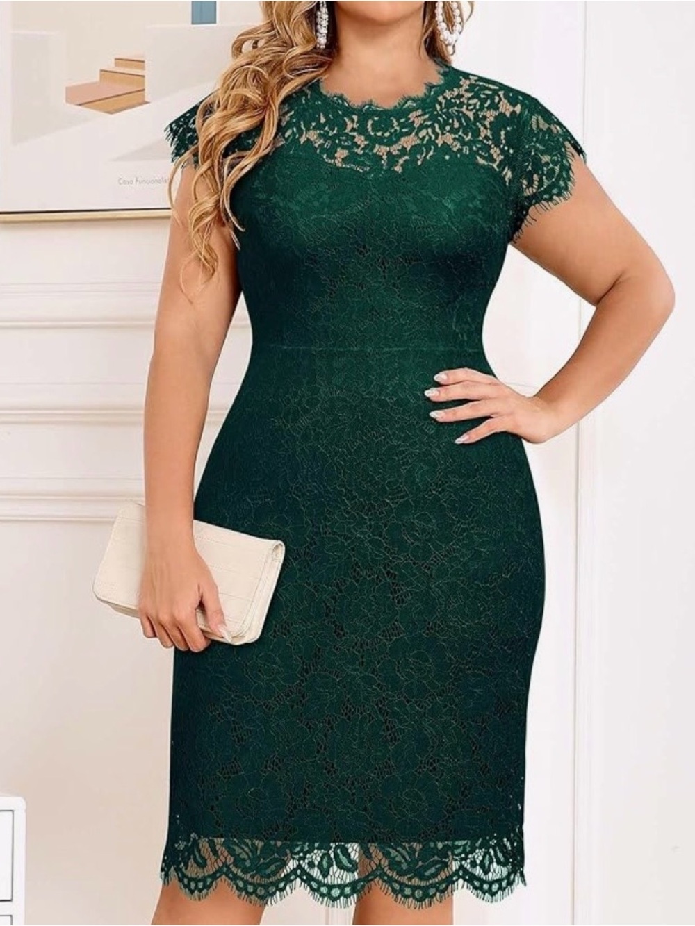 Emerald Green Floral Lace Sheath Dress-16/XXL